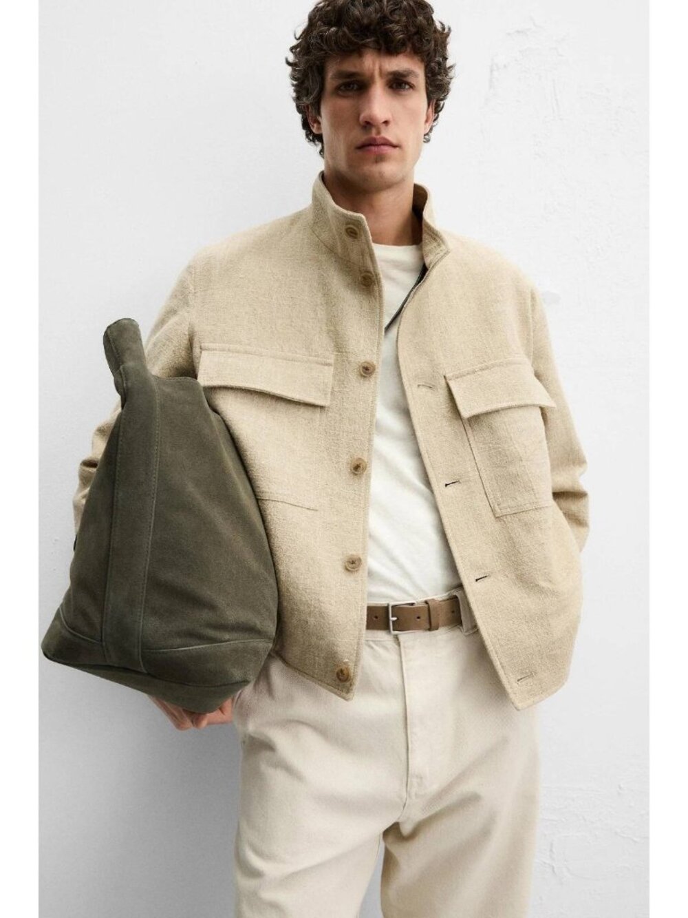 Zara Mens Bomber Jacket Utility Linen blend Size M Beige tan NWOT